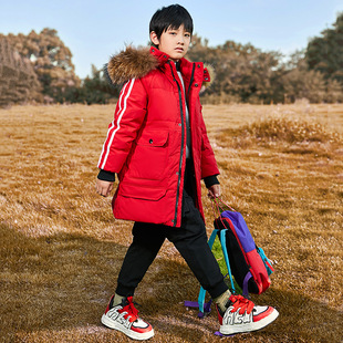 高档童装青少年男孩男童儿童本命年红色中国红大红中长款羽绒服男