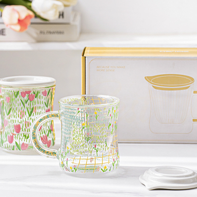 精选西比尔森系玻璃杯子带盖耐高温家用治愈花茶杯茶水分离杯女送