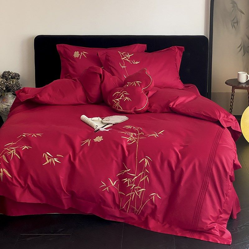 金竹报喜~高档新中式结婚床上用品四件套婚庆全棉大红色陪嫁喜被
