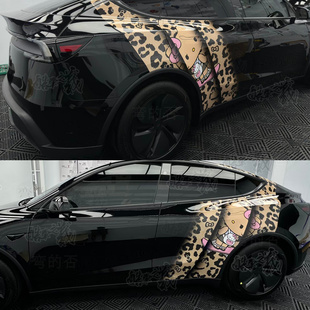 适用特斯拉model Y3车贴拉花黑皮KT猫凯蒂猫豹纹卡通车身装饰贴纸