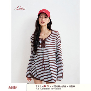 领口绑带天丝亚麻撞色条纹针织云朵衫 纸片人 Liilou 卢昱晓同款