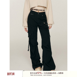 休闲长裤 复古街头感多口袋吊绳微喇捏褶设计高腰工装 美式 Liilou