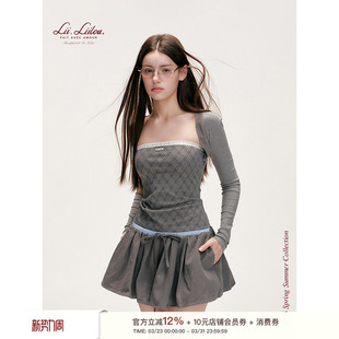 Balletcore 坎肩针织衫 假两件 长袖 撞色蕾丝花边格子抹胸 Liilou