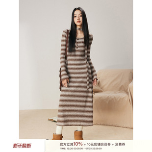 Liilou设计复古撞色条纹收腰显瘦针织长裙圆领打底连衣裙