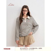 卢昱晓同款 T恤 复古慵懒Polo领宽松长袖 Liilou 撞色条纹