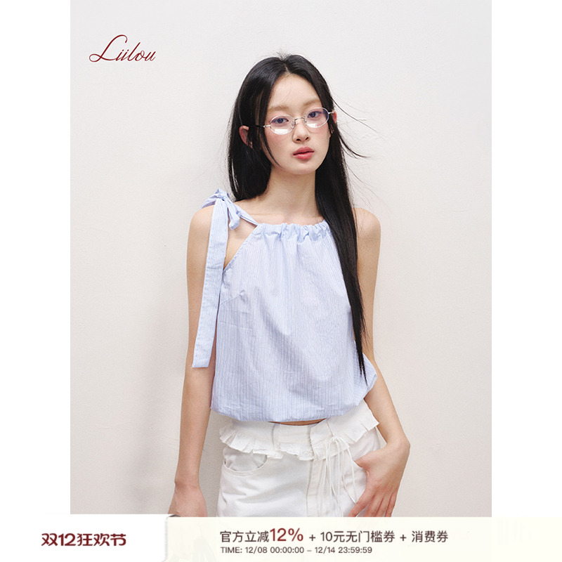 蝴蝶结绑带条纹不对称无袖上衣