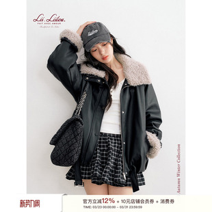 复古百搭宽松夹棉机车皮衣外套 毛领拼接 Liilou 率性松弛