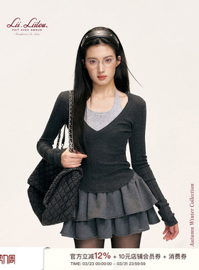 马秋元同款Liilou clean fit 羊毛混纺 假两件撞色挂脖系带打底衫