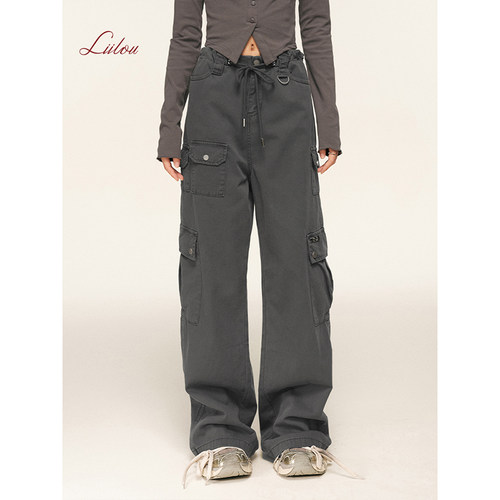 多口袋直筒宽松抽绳工装长裤