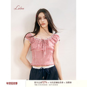 Liilou 全棉 泡泡袖 孔雪儿同款 蕾丝木耳边撞色红格短袖 T恤