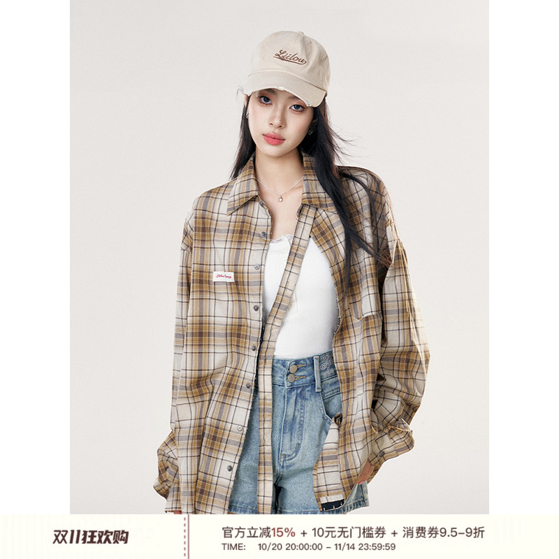 重工暗扣设计复古格纹飘带衬衫