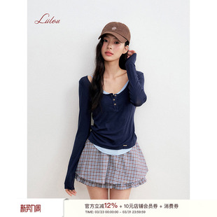 撞色长袖 卢昱晓同款 莱赛尔天丝U领修身 假两件 T恤 Liilou