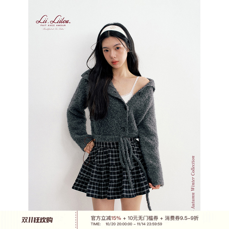 斜门襟抽绳下摆针织开衫