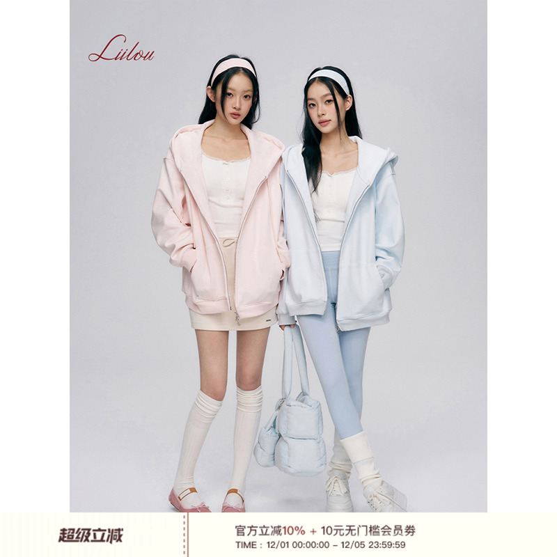 王楚然同款宽松加绒连帽卫衣外套