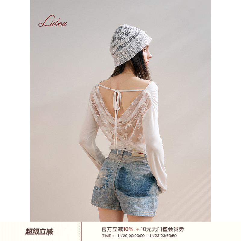 莱赛尔一字领露背蕾丝系带罩衫