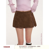 侧开衩 Liilou 麂皮革命 复古麂皮绒撞色边不对称A字短半裙