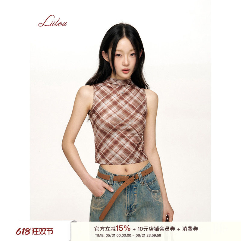 Liilou  洋裁格纹 网纱面料 半高领格子修身打底背心
