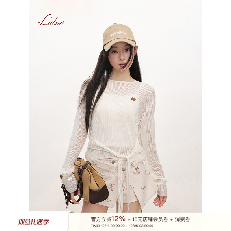 扭结系带宽松镂空针织罩衫