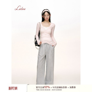 棉麻系带竖条纹宽松直筒休闲长裤 松弛感 Liilou 徐若晗同款