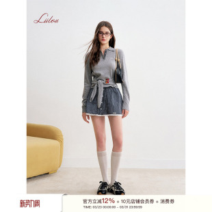 羊毛混纺polo领绑结针织上衣 格纹拼接 Liilou 知识分子