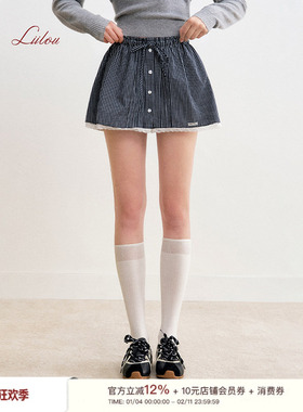 Liilou  preppy style 蕾丝拼接 100%棉蕾丝拼接格纹A字半裙