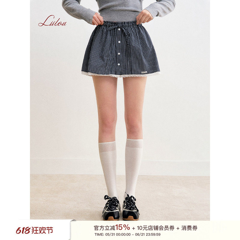 Liilou 100%棉 preppy style 蕾丝拼接 蕾丝拼接格纹A字半裙