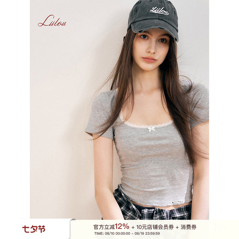 陈瑶同款Liilou  法式蕾丝花边 蝴蝶结方领正肩修身短袖T恤