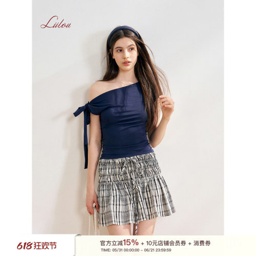 莱赛尔斜肩绑带修身短袖T恤