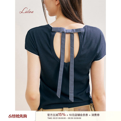 U型露背花边拼接格纹蝴蝶结短袖