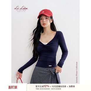 clean 长袖 fit 柔软舒适V领修身 打底T恤 褶皱纽结式 Liilou