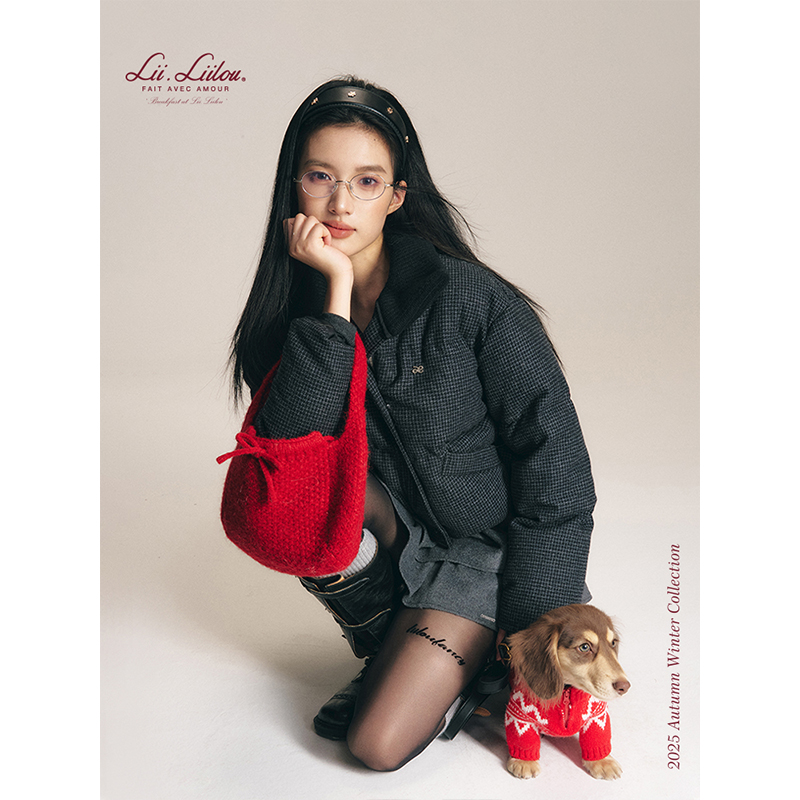 混纺羊毛千鸟格纹立领短款羽绒服