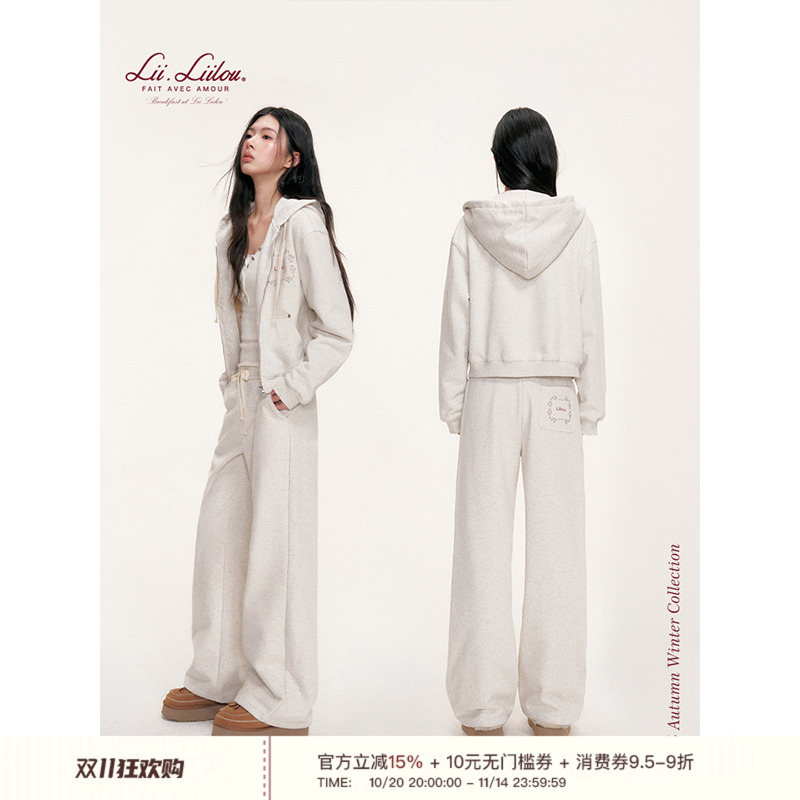 趣味十字绣阔腿松弛休闲裤