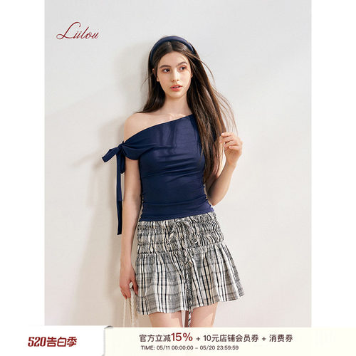 莱赛尔斜肩绑带修身短袖T恤