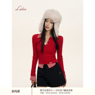洋裁格紋羊毛混紡紅色格子拼接假兩件針織長袖 Liilou 趙昭儀同款