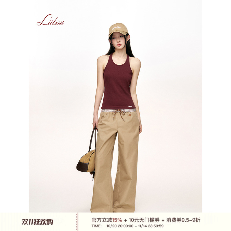 撞色条纹拼接翻折休闲裤