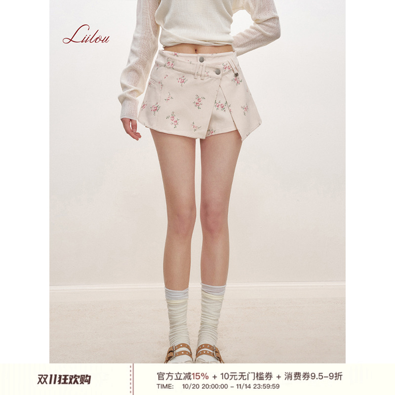 假两件全棉不规则搭片碎花短裤