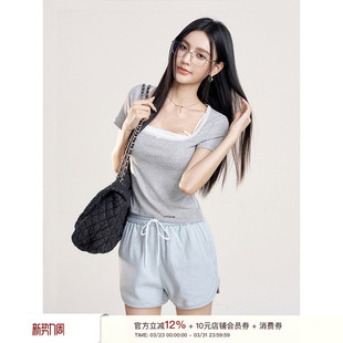 方领蕾丝花边蝴蝶结短袖 细闪烫银 Balletcore Liilou