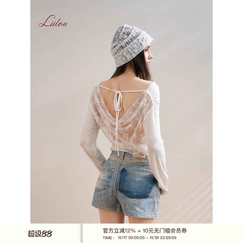 莱赛尔一字领露背蕾丝系带罩衫