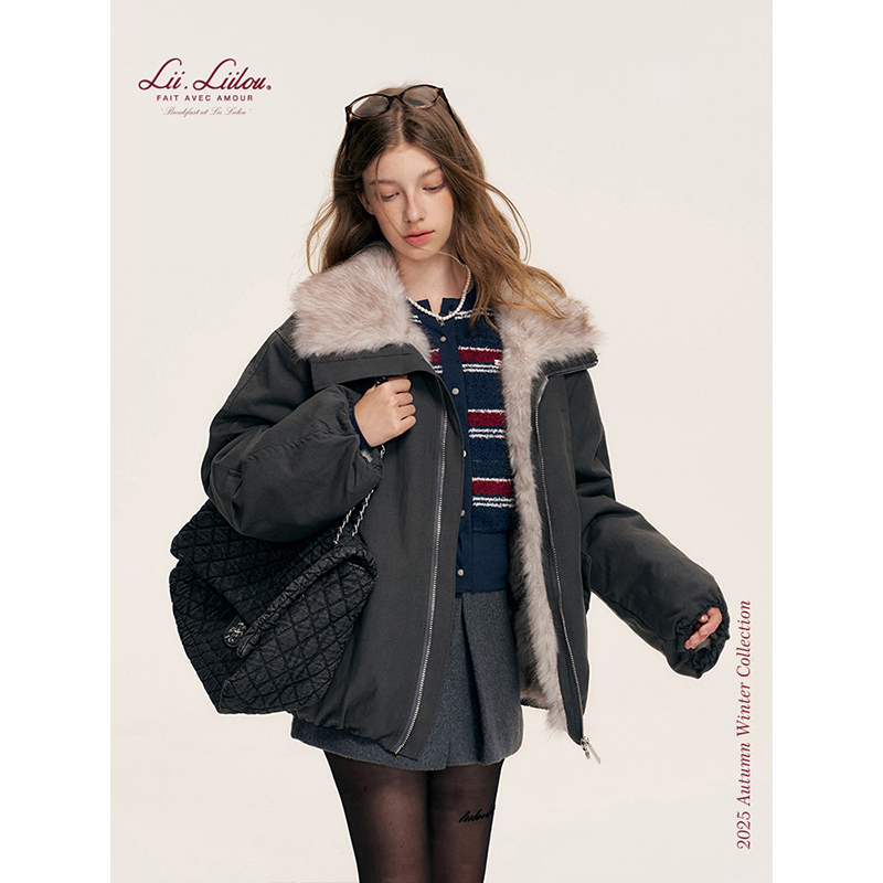 仿皮草大翻领派克服外套