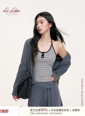 赵昭仪同款Liilou 条纹韵律 撞色条纹 挂脖系带修身打底吊带背心