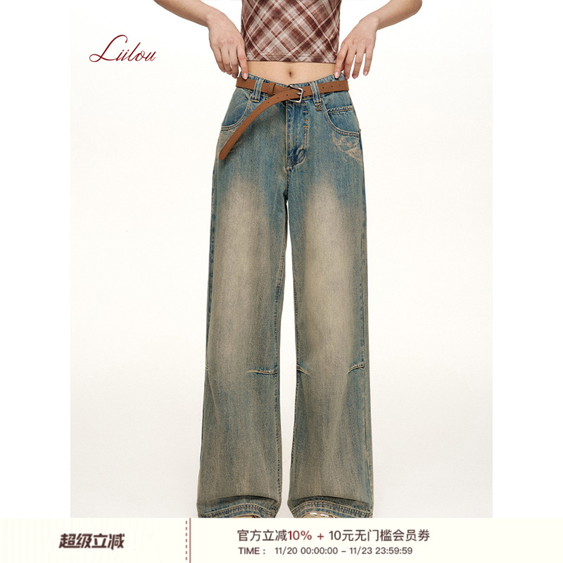 复古铆钉做旧水洗牛仔裤