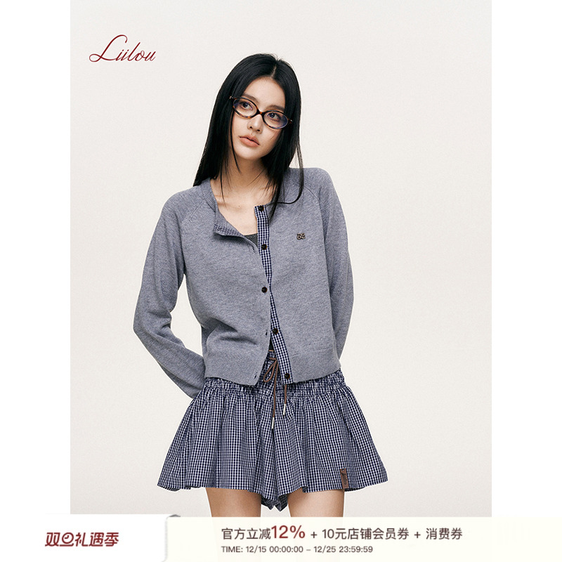 圆领格子拼接针织开衫