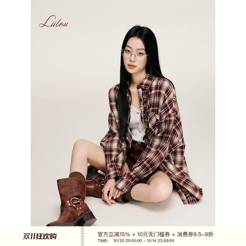 Liilou Athflow 木耳花边 加厚磨毛格纹宽松长袖衬衫