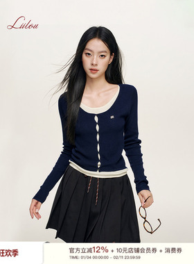 Liilou clean fit 镂空门襟 桑蚕丝羊毛撞色假两件长袖针织上衣