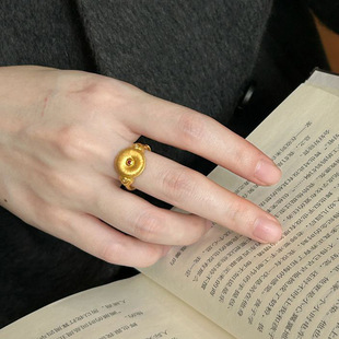 新款古法拉丝平安扣戒指Vintage中古黄色向日葵指环