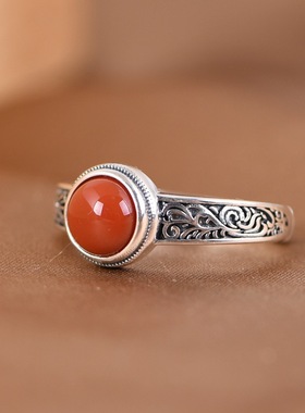 新款复古唐草镶蛋形红色石头戒指