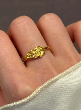 新款古法黄色开口树叶戒指女个性