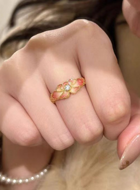 新款桃色芍药珐琅戒指复古新中式