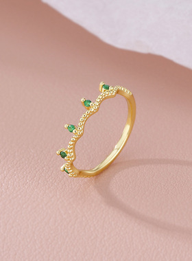 新款复古绿色小钻细圈戒指精致轻奢高级感简约时尚食指戒