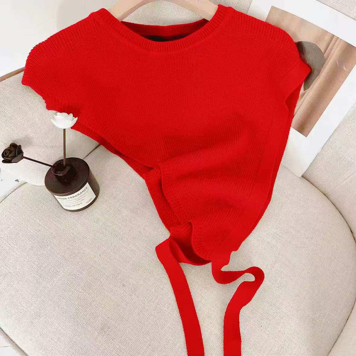 韩版新款高档小众设计斜边三角针织披肩马甲女叠穿洋气飘带万能搭